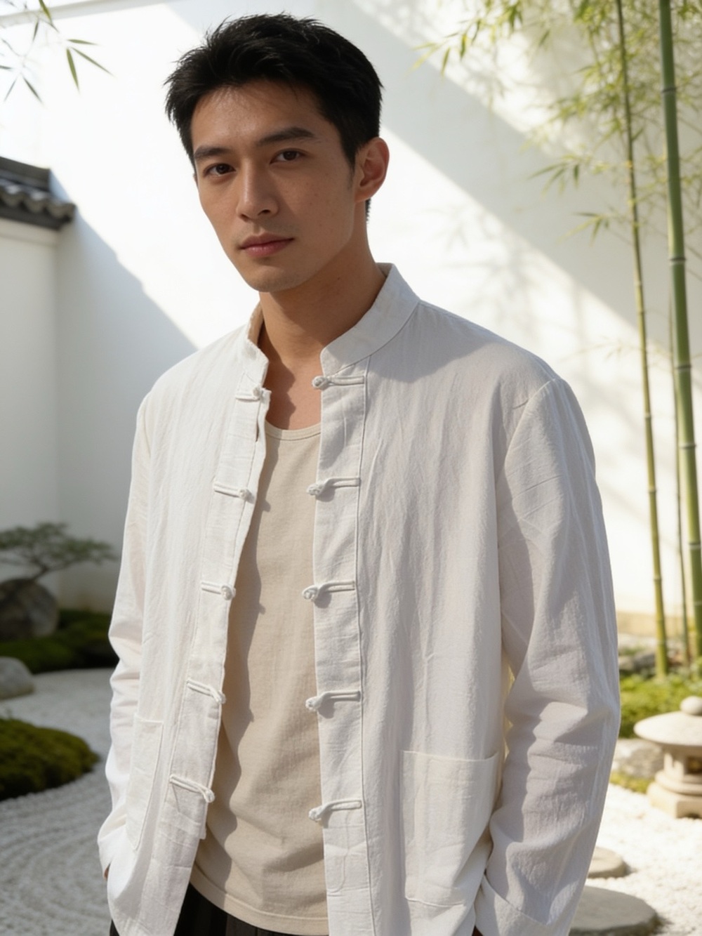 Men's White Mandarin Collar Jacket - Minimal Casual Coat / Linen & Cotton